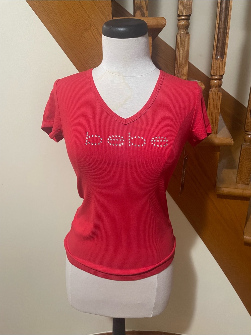 bebe Red V-Neck Short Sleeve Rhinestone Logo Tee